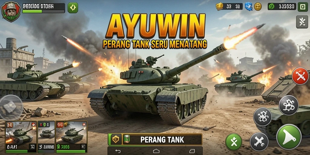Tampilan antarmuka menarik dengan berbagai fungsi Perang Tank.